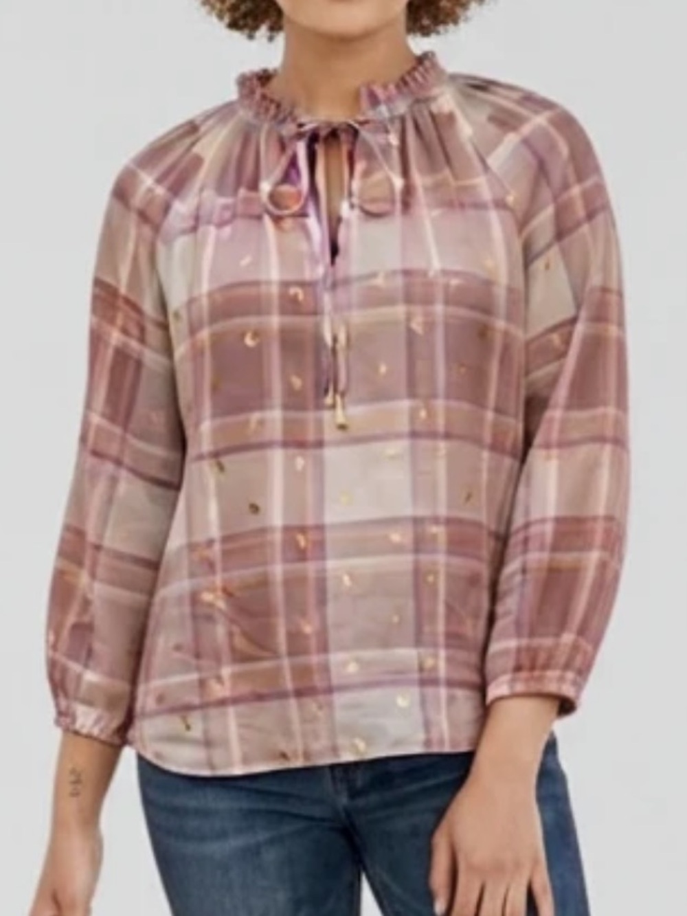 Harve Benard Plaid Ruffle Neck Blouse - Mauve Pink wGold Foil Accents - NWT Med